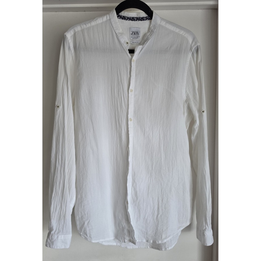 Zara Men Long Sleeve Mao Collar Shirt Size M White Solid Button-Up Top